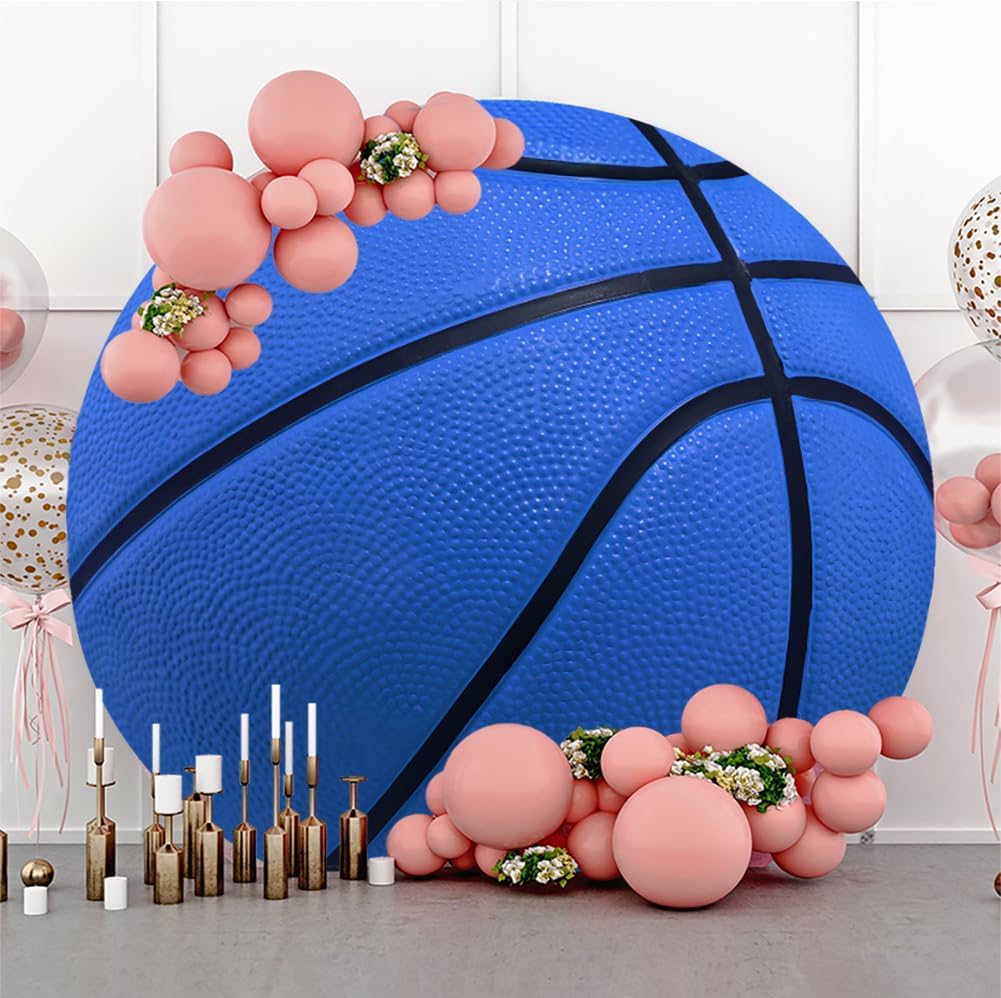 Leyiyi 6.5x6.5ft Basketball Round Backdrop Cover Blue Basketball Round Backdrop Basketball Match Sports Theme Circle Photography Background for Boys Baby Shower Newborn Gender Reveal Party Decor