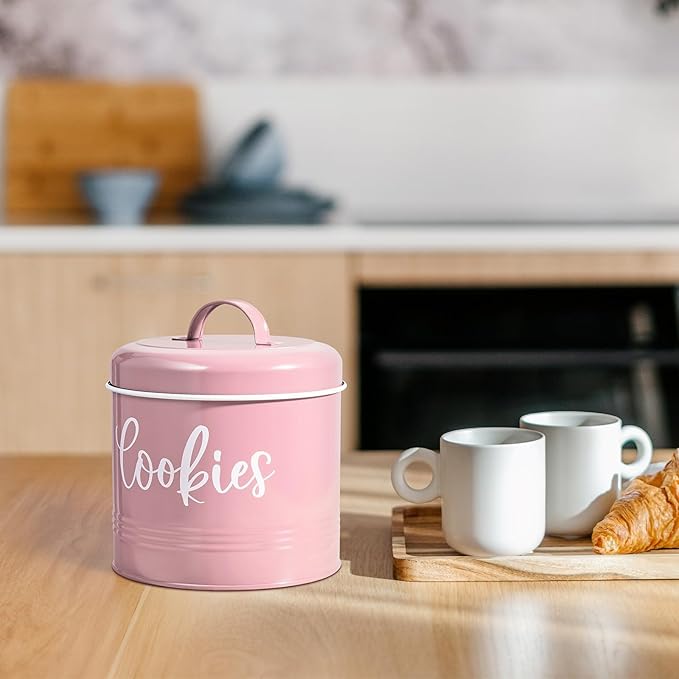 Pink Cookie Jar for Kitchen Counter, 1 Gallon Vintage Cookie Jar with Airtight Lid, Large Food Storage Container for Candy, Cookies, Dessert, Farmhouse Kitchen Decor and Accessories