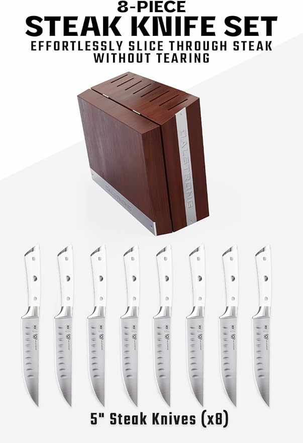 Dalstrong Steak Knife Set with Folding Block - 8 Pc - Gladiator Series - 5" Straight Edge Blade - Forged High-Carbon German Steel - w/Modular Storage Block - Glacial White ABS Handle - NSF Certified