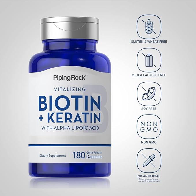 Piping Rock Biotin 5000mcg | 180 Capsules | Plus Keratin and Alpha Lipoic Acid | Non-GMO, Gluten Free Supplement