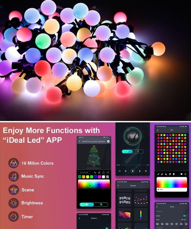 Hoofun 33Ft Smart Fairy Lights - Usb Powered Color Changing Globe String Lights, Bluetooth & Remote Control, Multicolor, Indoor/Outdoor