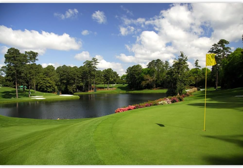 Golf Course Backdrop - Woodland Green Grass Lawn Flag Lake Sports Backgrounds for Photography, Party Decorations, Birthday Banner, Photo Studio Props - 7x7ft