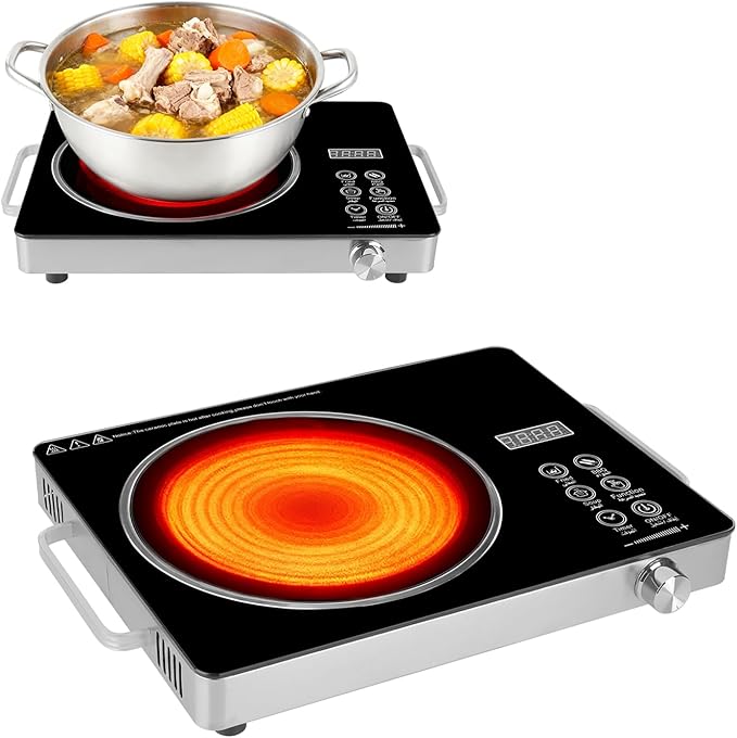 Infrared Electric Cooktop, 3500W Ceramic Single Hot Plates for Countertop, 12 Power Levels 0-3H Timer, Portable Handle, LED Display, Portable Stove for Home RV Camping(Black)