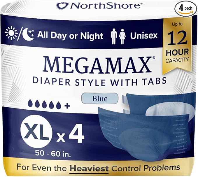 NorthShore MegaMax Adult Overnight Diapers, 12-Hour Tab-Style, X-Large, 4 Count Starter Pack, Blue, 50-60 inches, Unisex Incontinence Underwear