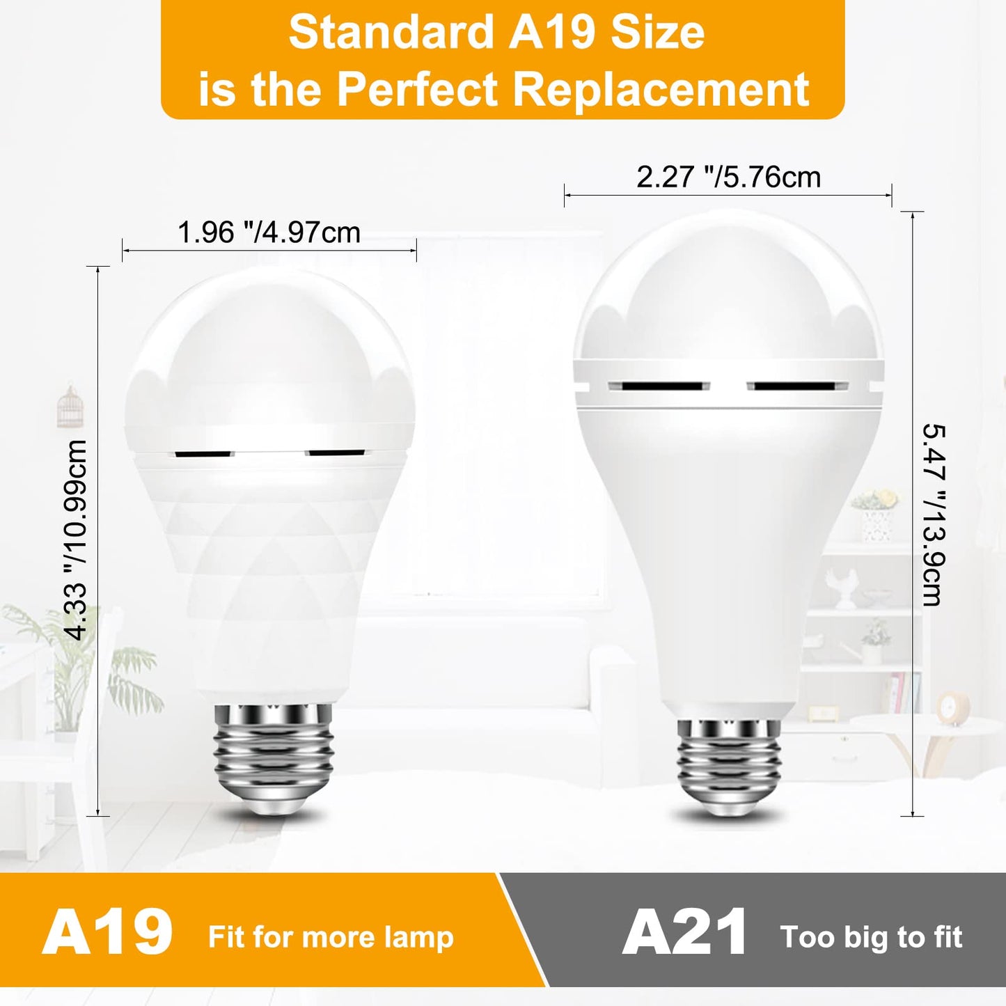 BoRccdit A19 Rechargeable Light Bulbs, 12W LED, 1200mAh, E26/E27, 5000K Daylight, 3 Count, ABS Material