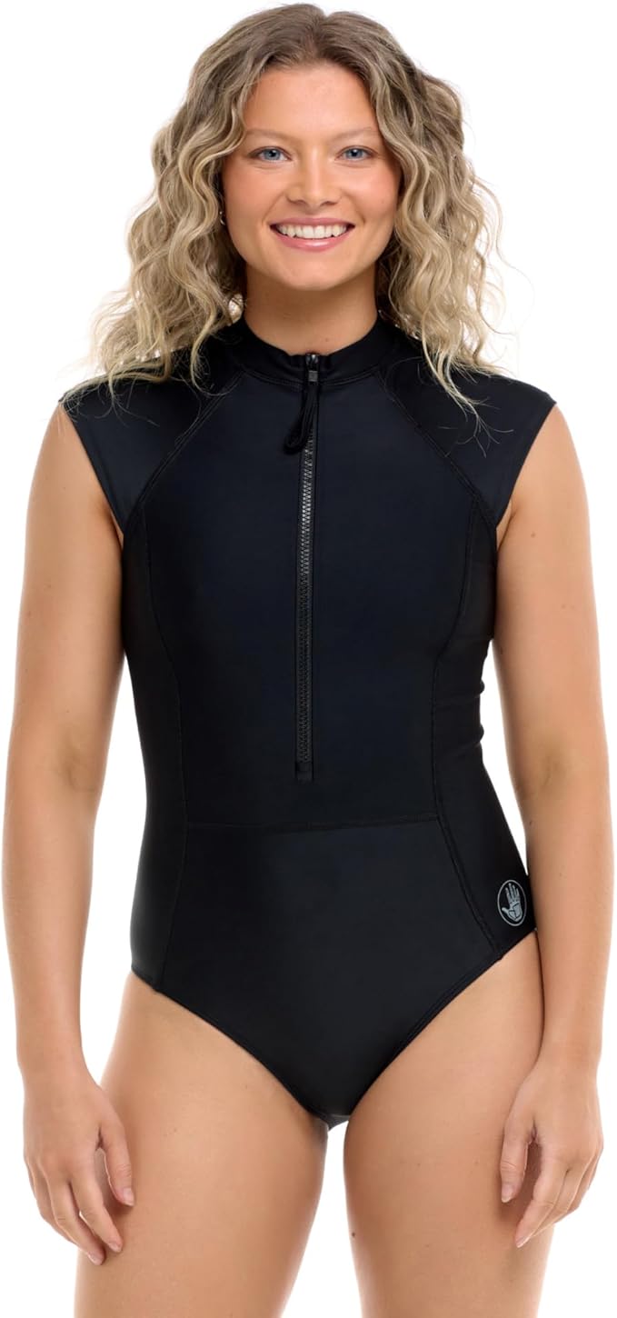Body Glove Womens Manny Zip Front Cap-Sleeve One Piece Swimsuit with UPF 50+