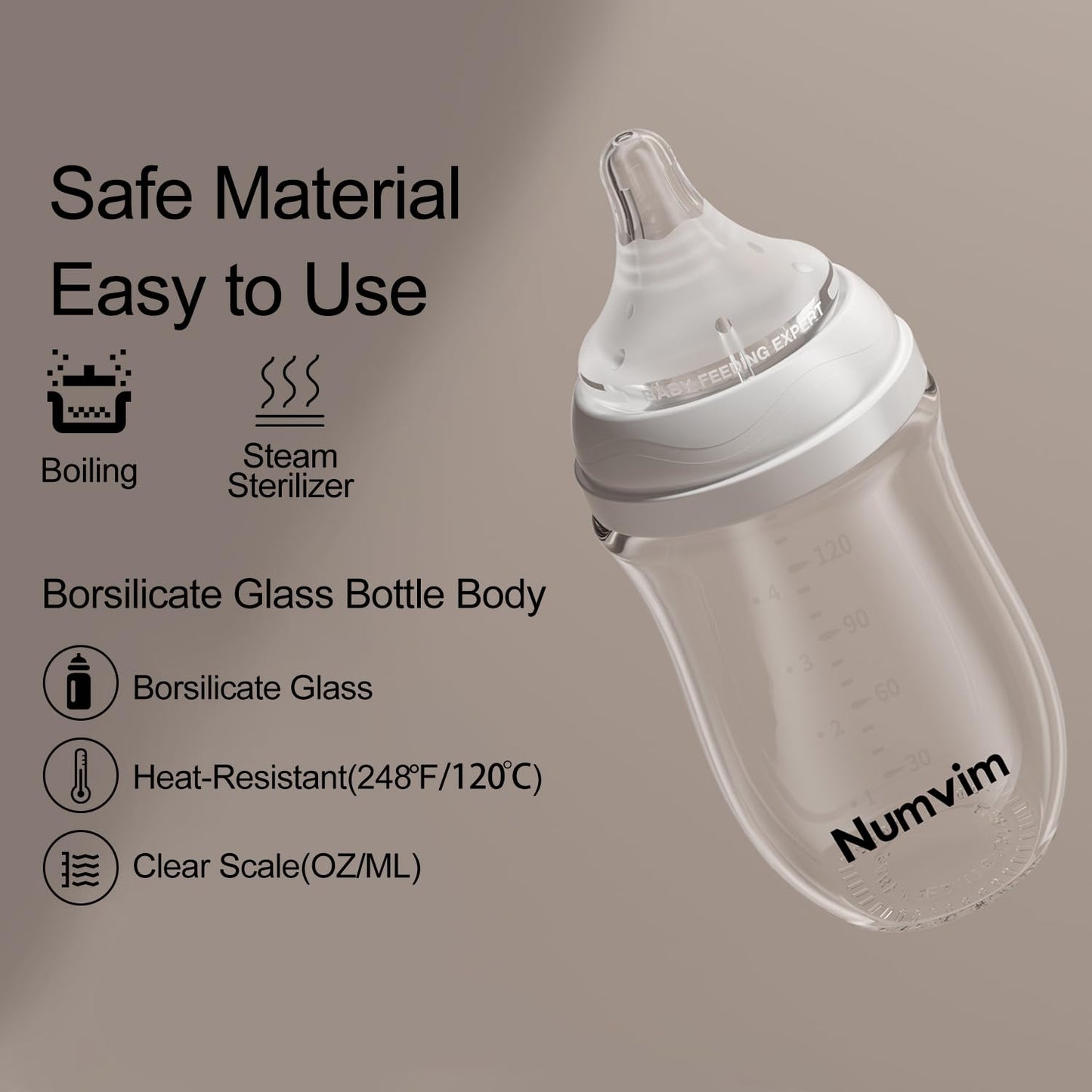 Numvim Natural Glass Baby Bottle Gentle & Extra Slow Flow, Newborn Breastfeeding Bottle with Anti Colic Nipple for 0 Months Babies, Includes S Nipples, (5Oz, 2 Packs)