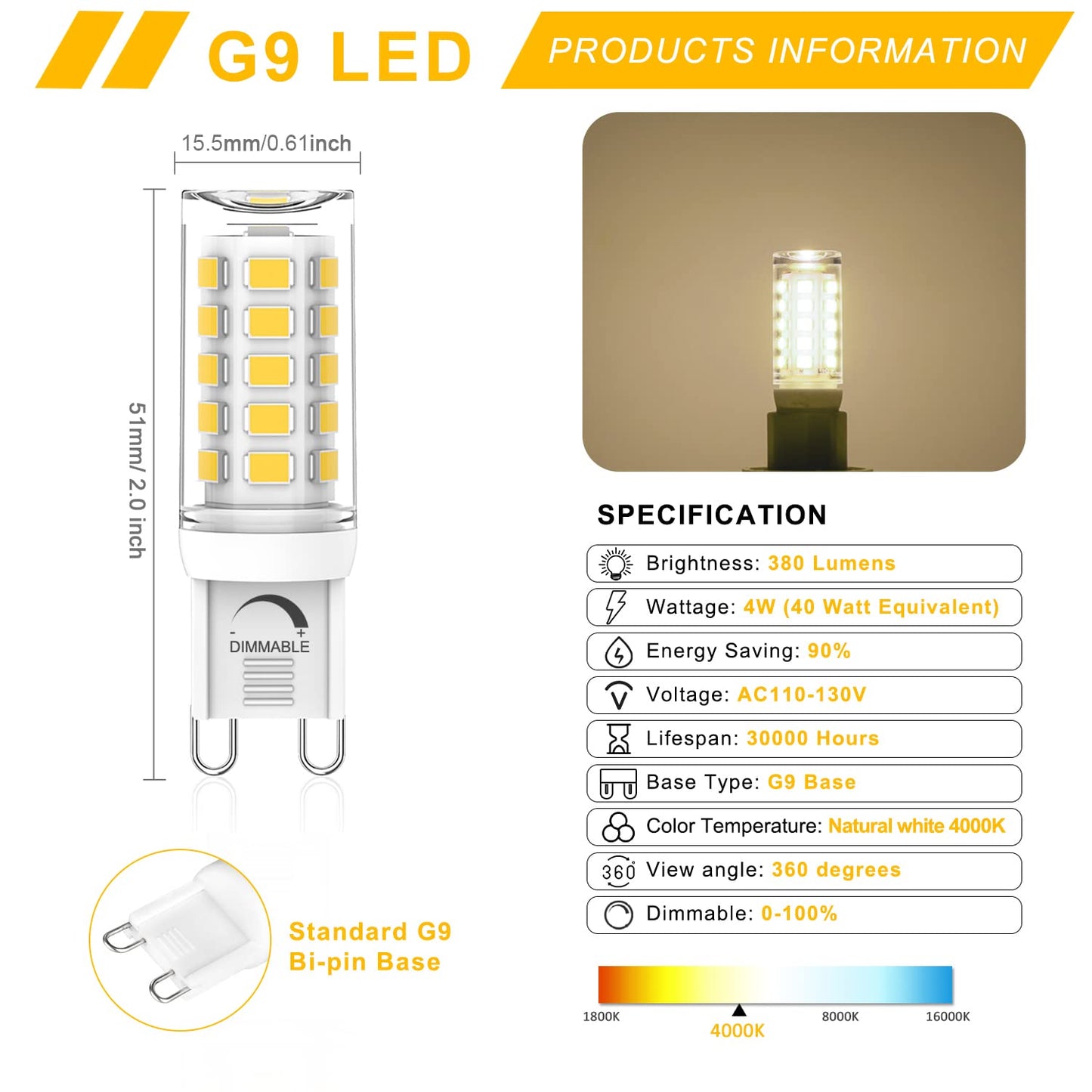 YUIIP G9 LED Bulb Dimmable 4W, 4000K Natural White, 360° Beam Angle, Pack of 10