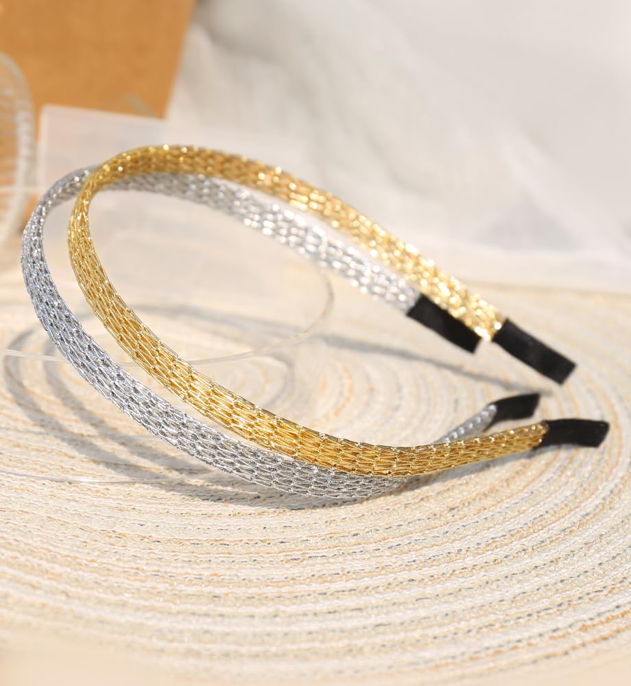 YARN & INK Women's Thin Mesh Headbands, 2 Pcs Gold Silver Metal Hair Accessories for Daily Wear