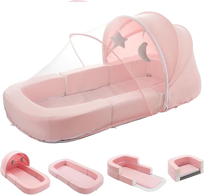 Todldler Baby Travel Bassinet Bed & Chair, Fold Out Sofa Couch Lounger with 2-1 Mosquito & Canopy, Foldable Portable Travel Cot with Foam Raised Safety Bumpers for Infant Toddlers 0-36 Months (Pink)