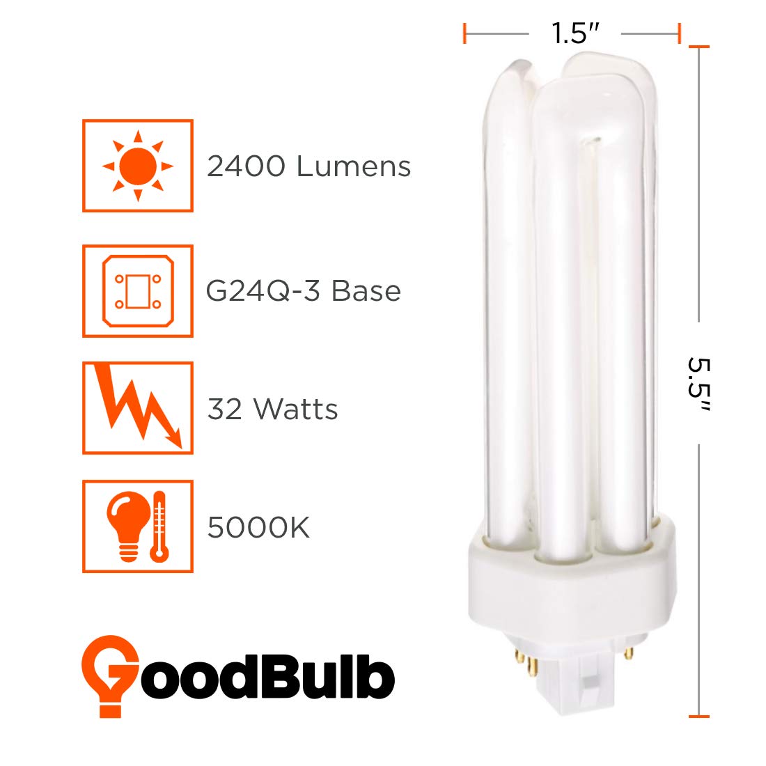 Goodbulb 32 Watt Cfl Light Bulbs 4 Pin Gx24Q-3 Base 5000K Daylight 32W High Output 2400 Lumens Triple Tube Compact Fluorescent Light Bulbs Plug-In Car Dealership Lighting 10 Pack