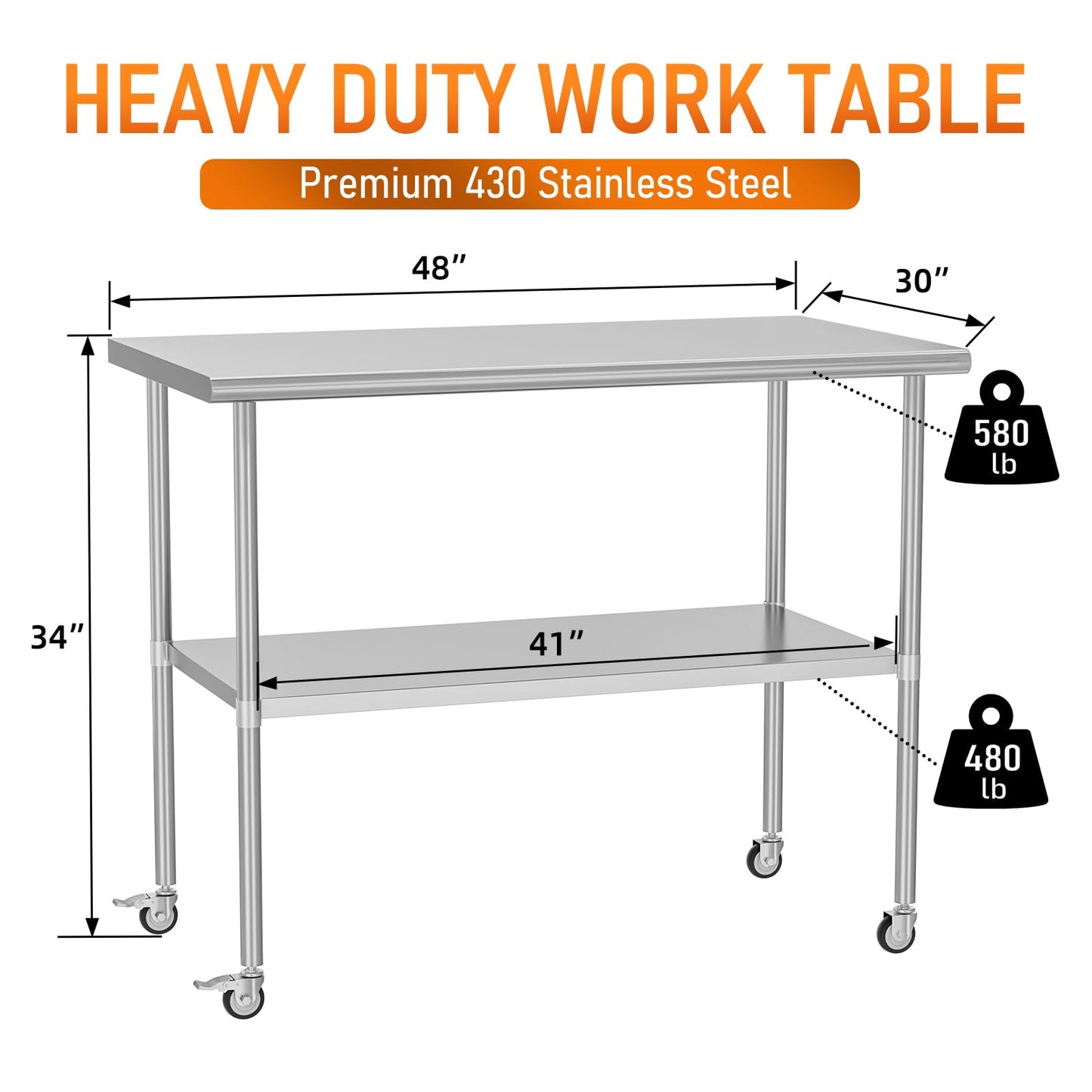 HOCCOT Stainless Steel Table with Wheels 30" x 48" Utility Worktable with Adjustable Undershelf for Commercial Kitchen, Garage, Restaurant