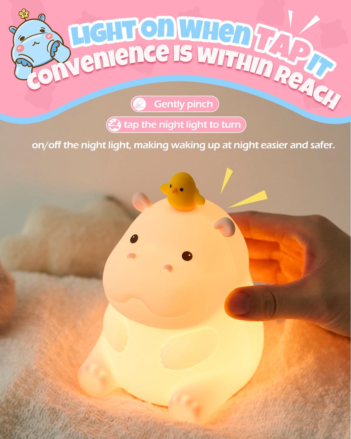 Cute Hippo Night Light  Animal Lamp  Food Grade Silicone  Rechargeable  2 Level Dimmable  Squishy Nursery Nightlight For Desk Decor  Funny Gifts Stuff For Boys Girls Baby  White Elephant Gifts