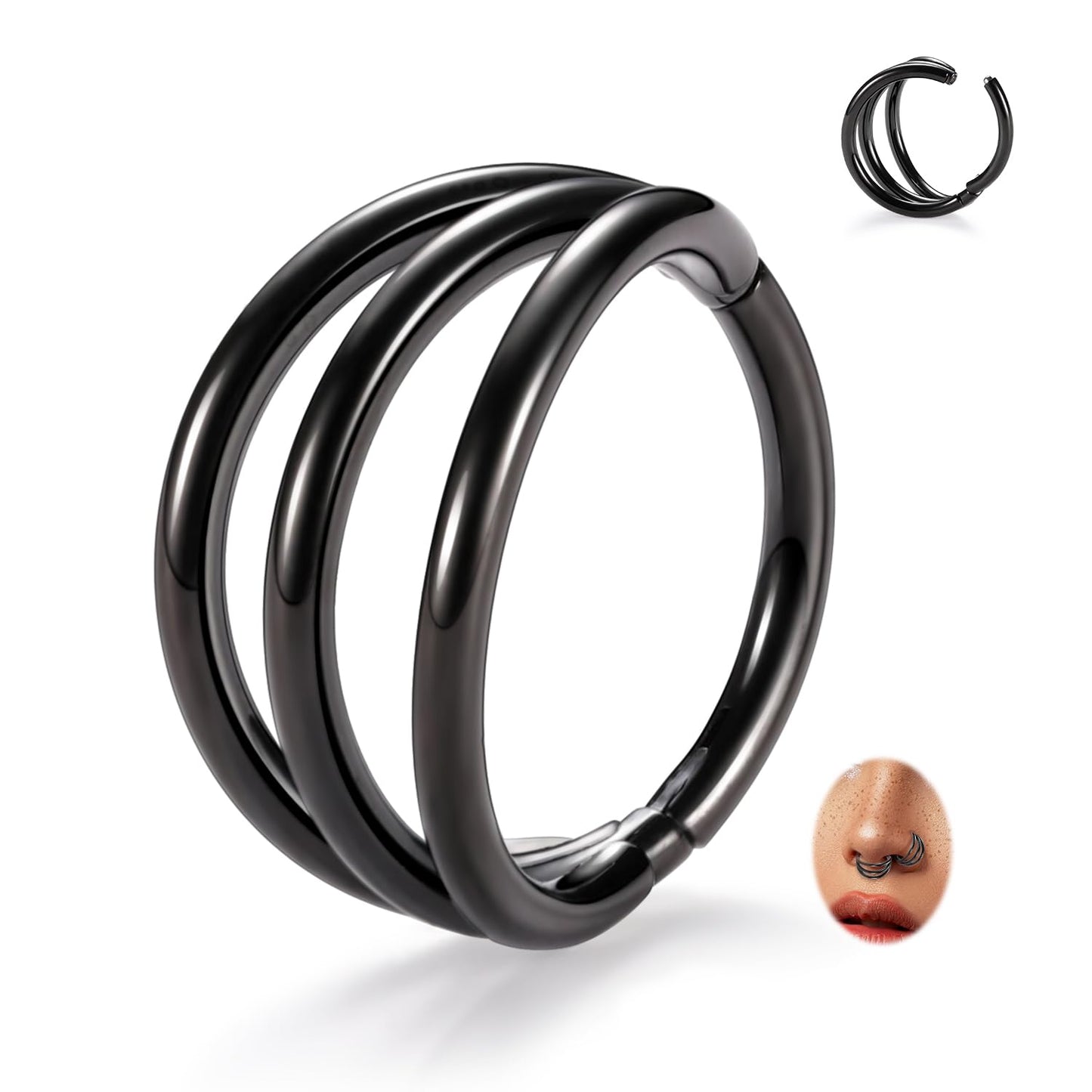 FUNLMO Septum Clicker Nose Rings Triple Double Open Stack Conch Daith Piercing Jewelry Cartilage Earring Hoop Surgical Steel Con
