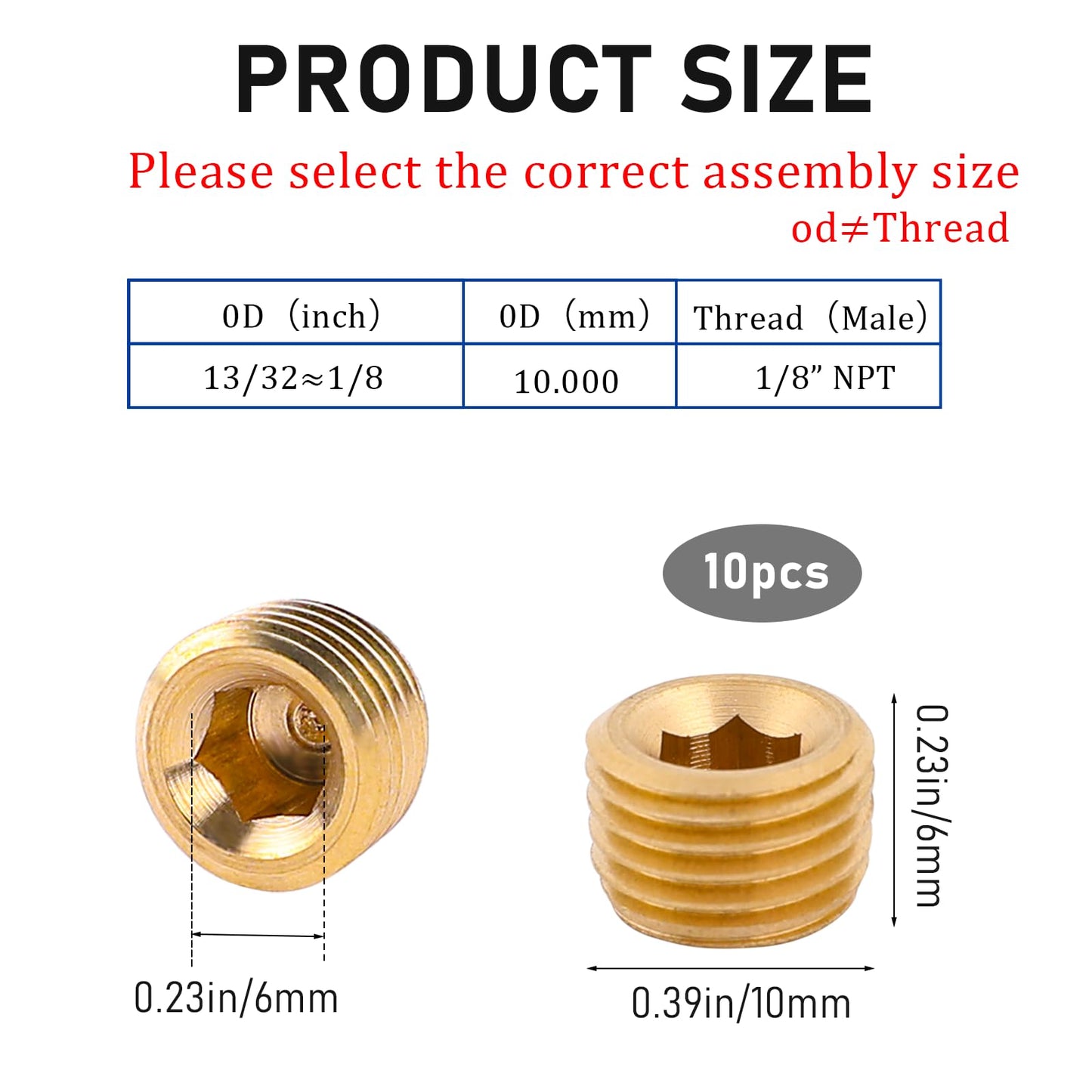 1/8" NPT Male Plug Fitting Set, 10 PCS Brass Plug Hex Counter Sunk Plug for Closing the End of, Internal Hex Socket Thread Socket Plug Kit