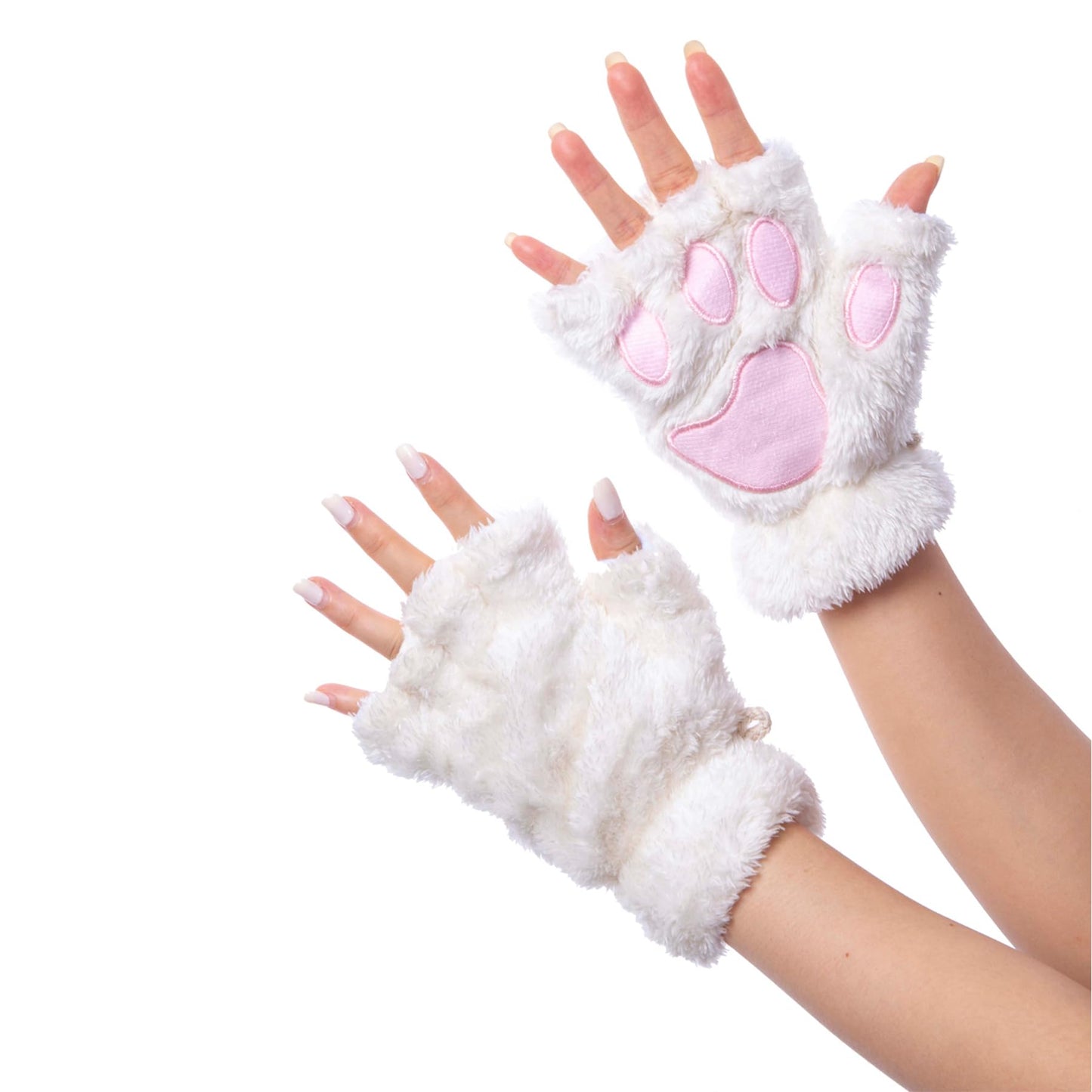 Vonokee Women Halloween Costume Cat Paws Gloves,Novelty Faux Fur Bear Paw Fingerless Mittens, Plush Lion Claw Gloves (White)