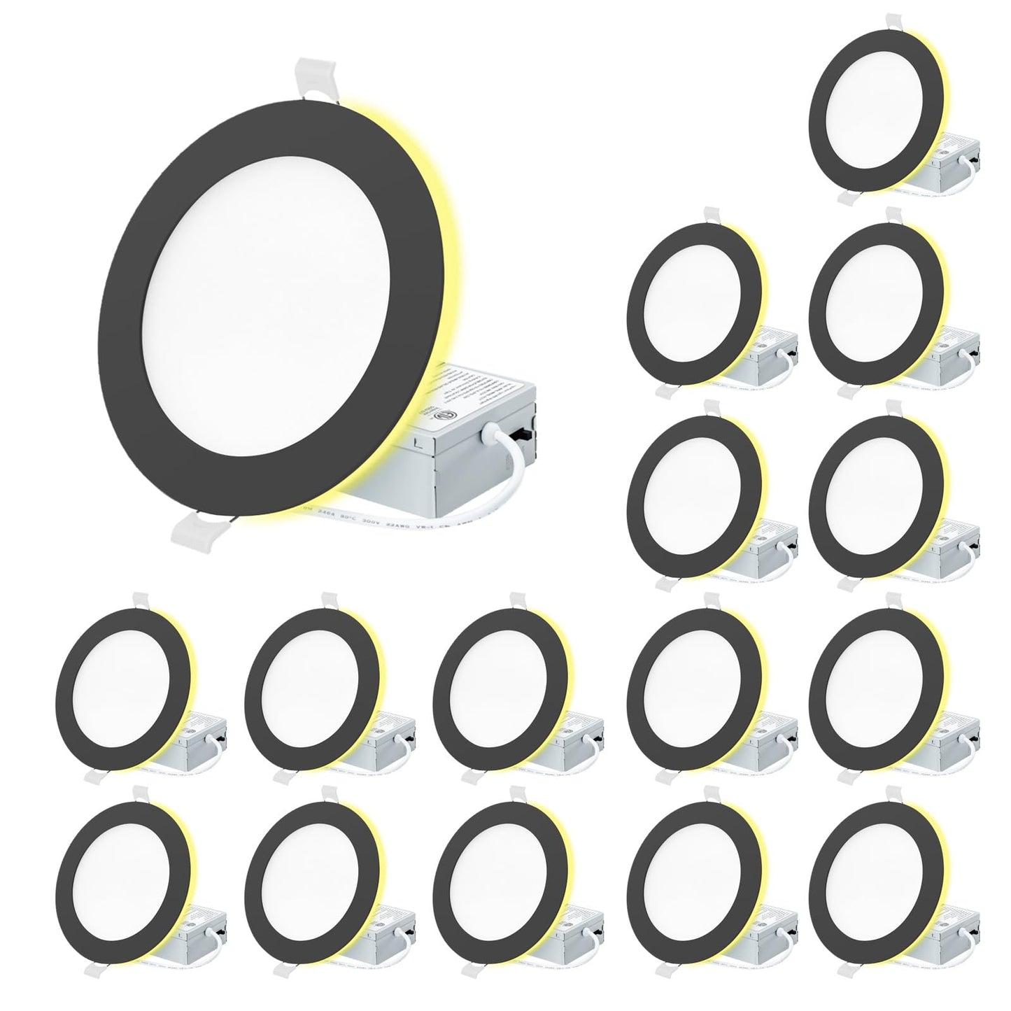 Eosmile 6 Inch Black Recessed Lighting With Night Light 16 Pack Canless Wafer  12W  120V  1100Lm  2700K-5000K Selectable  Dimmable  Etl Fcc