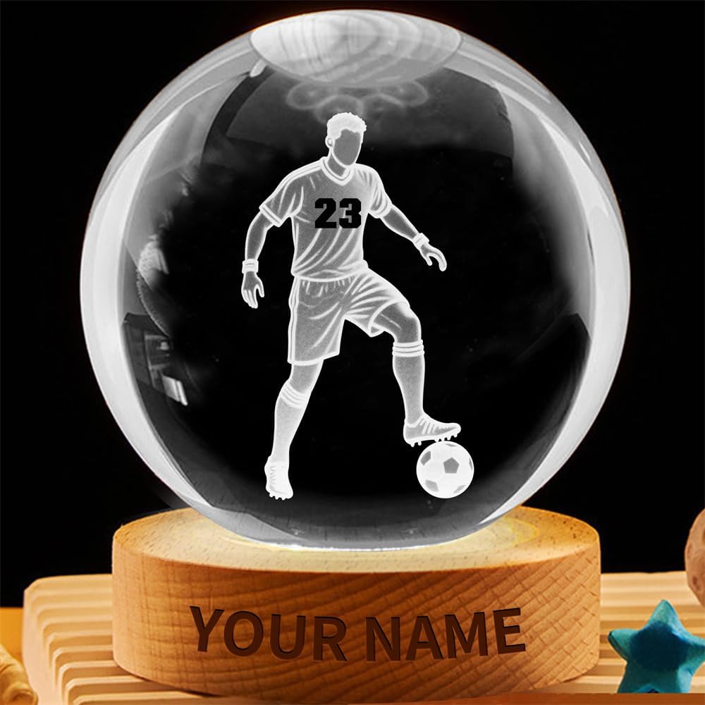 Personalized Soccer Crystal Night Light Gift for Men Women, Custom Name/Number Soccer Player 3D Crystal Ball Night Light Lamp for Bedroom Room Sports Decor Party Bar Christmas Birthday Gift