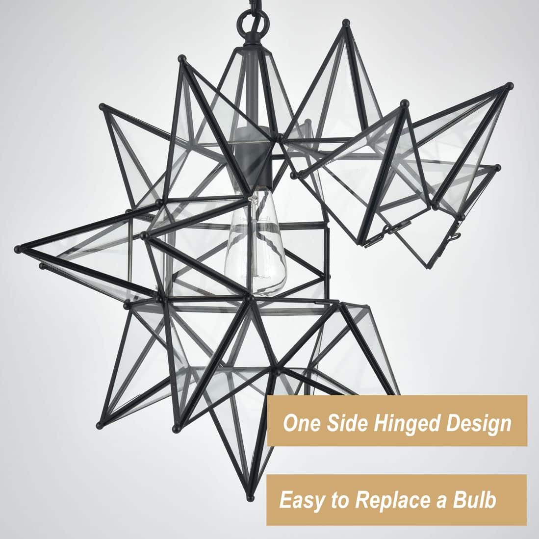 DIRYZON Boho Moravian Star Pendant Light 20 Inch Large Black Hanging Ceiling Light，Modern Clear Glass Pendant Lighting for Kitchen Island Porch Bedroom