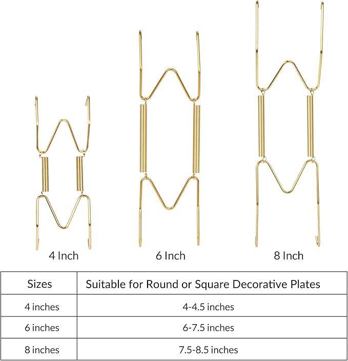12-Pack Invisible Wall Plate Hangers, 4/6/8 Inch Brass Plate Holders with 16-Pack Wall Hooks