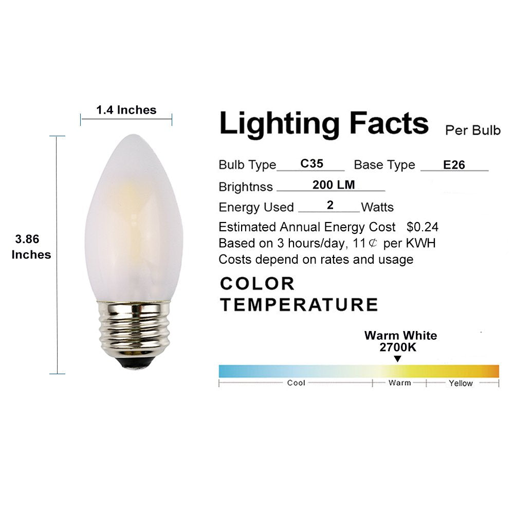 Opalray C35 2W Led Candelabra Bulb, Dimmable Warm White 2700K, Glass, E26 Base, 5 Pack