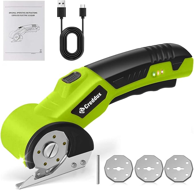 Cordless Electric Scissors，Cardboard Cutter Heavy Duty Scissor with 3 Blade, Safety Lock & Extra Blade，Rotary Cutter for Cardboard Fabric Plastic Leather Green