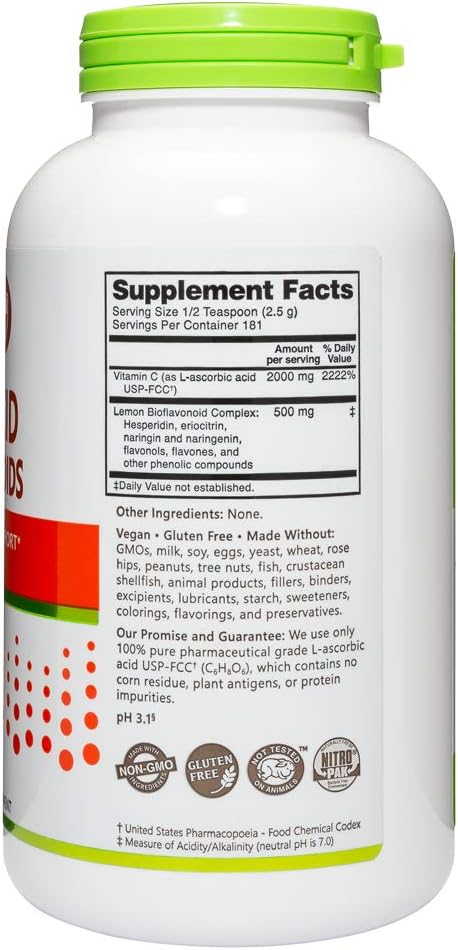 NutriBiotic - Ascorbic Acid with Bioflavonoids Powder, 16 Oz | Highly Soluble Antioxidant & Collagen Support Supplement | 2000 Mg Vitamin C with Lemon Bioflavonoid Complex | Vegan, Gluten & GMO-Free