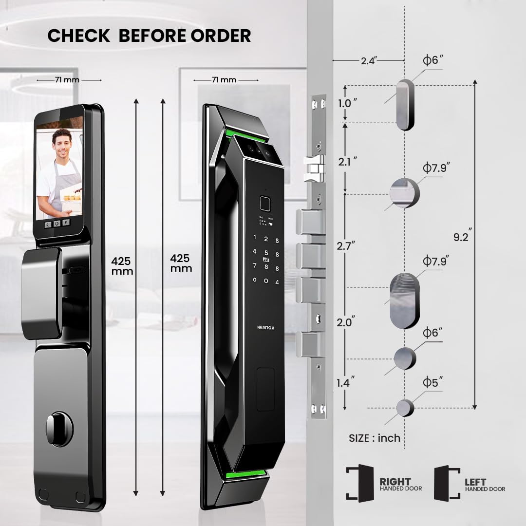 3D Face Recognition Smart Door Lock with HD Camera, Video Doorbell & Intercom – 7-in-1 Keyless Entry | Fingerprint, Palm Vein, Passcode, IC Card, Emergency Key, Tuya App Control, Easy Install | Alexa