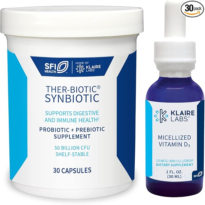 Klaire Labs Ther-Biotic Synbiotic Probiotic (30 Capsules) & Micellized Vitamin D3 Liquid for Children, Infants & Adults (600 Servings / 1 fl oz) Bundle - Low-FODMAP Probiotic Supplement & Vitamin D