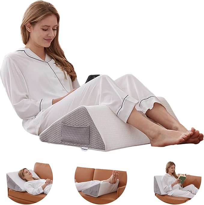 Knee Wedge Pillow, Memory Foam Leg Pillow Bed Wedge for Sleeping, Wedge Pillow for Legs Post Surgery, Triangle Pillow Wedge for Knee Support, Leg Elevation, Knee Hip Back Pain Relief, White