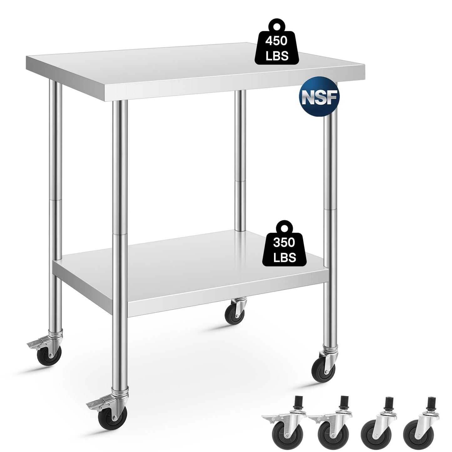FOHERE Stainless Steel Table 36 x 24, with 4 Wheels, Two with Brakes, Prep Table for Commercial Restaurant, Home, Outdoor, Garden, Warehouse and Hotel