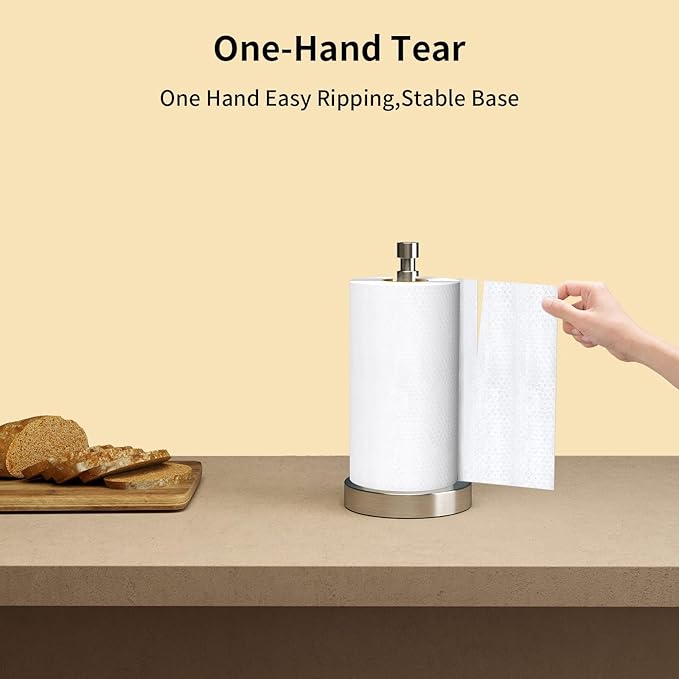 Paper Towel Holder Countertop, Black Paper Towel Holder with Weighted Base Non Slip, Standing Paper Towel Roll Holder for Kitchen Bathroom, Easy One-Handed Operation, Stainles Steel (Brushed Nickel)