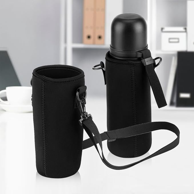 Dioche Water Bottle Sleeve with Strap, Soft Water Bottle Carrying Pouch, Drink Bottle Holder Bag for Outdoor Camping Hiking Fishing(15cm-Black)