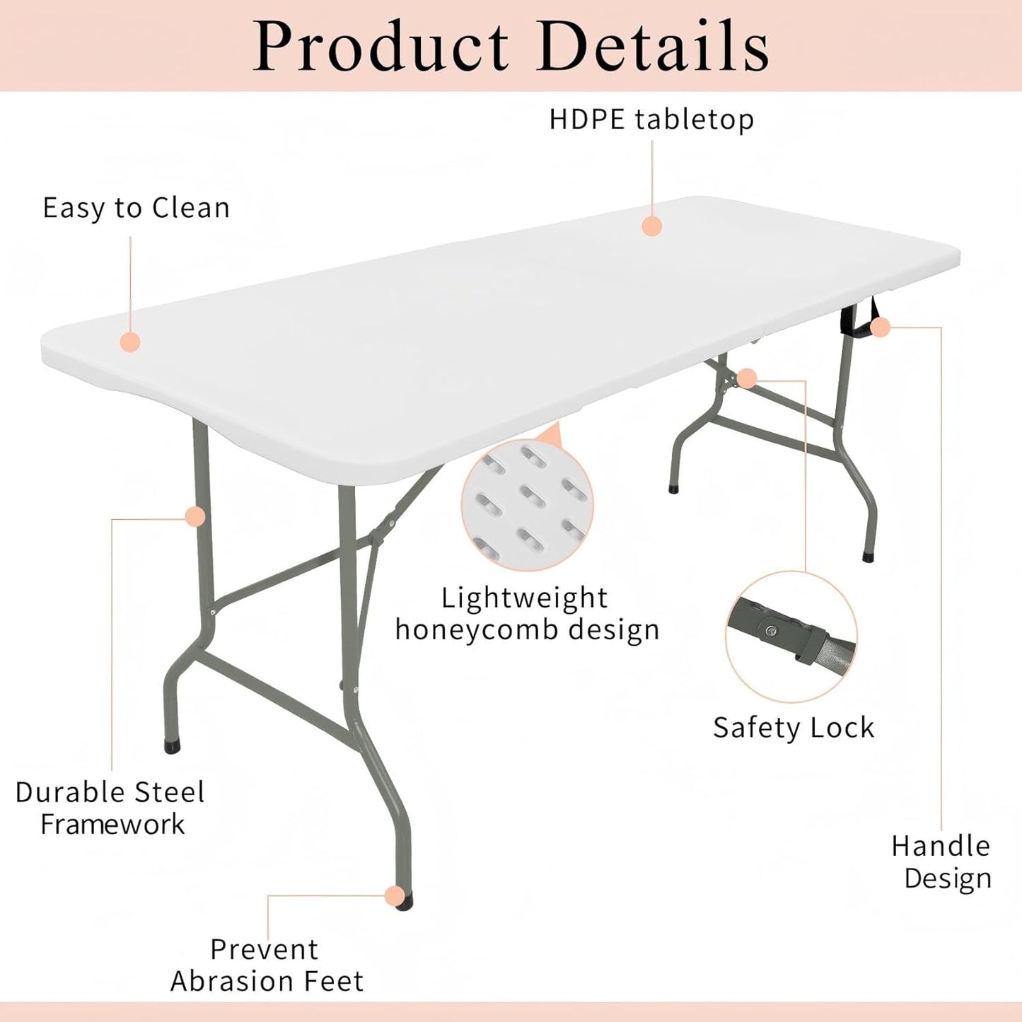 Set of 2 Folding Tables with Carrying Handle Heavy Duty Rectangular Portable Plastic Camping Table Steel Legs for Party, Dining, Wedding, Events, Picnic Indoor, Outdoor (8FT, White)