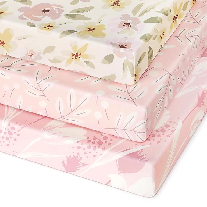 Pack and Play Sheets Fitted 3 Pack, Mini Crib Sheets for Pack N Play Mattress Stretchy Portable Playard Sheets, Soft Breathable Pink Flowers & Leaf