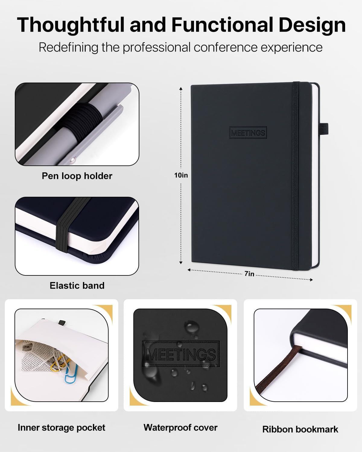 WEMATE Meeting Notebook for Work, Work Planner Notebook With Action Items, B5 Size Project Planner, Easily Take Meeting Notes & Keep Agendas on Track, Calender, Index Page, Inner Pocket, 7×10 Inch, Black