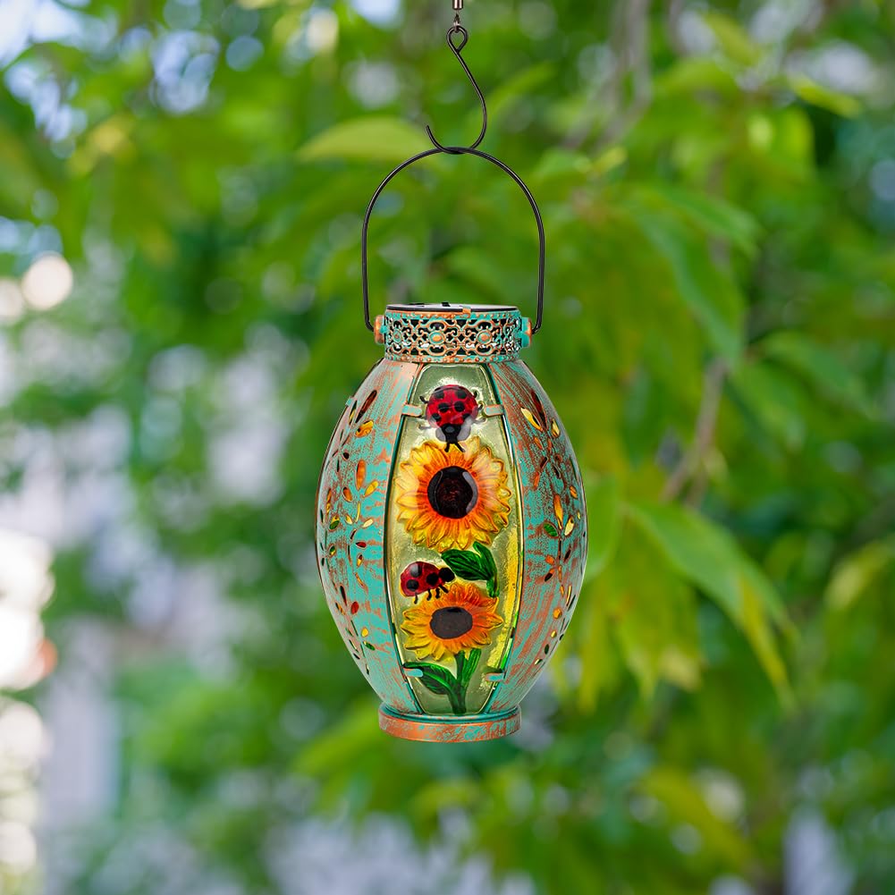 VEWOSTAR Solar Lanterns Outdoor Waterproof Sunflower Design, Small Size, Glass & Metal for Tabletop Patio Porch Decor