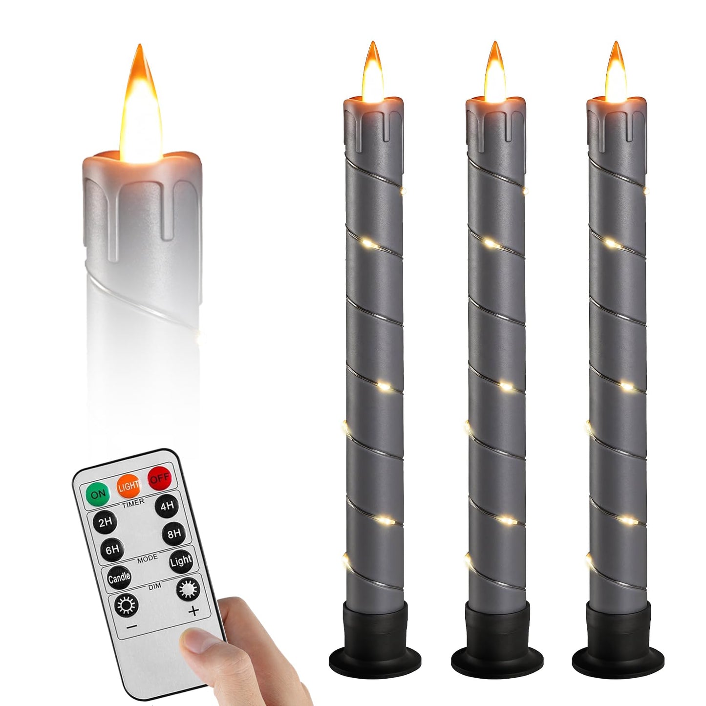 Rlojru 3Pcs Flameless Taper Candles Grey Black Battery Operated, With Embedded Fairy String Lights, Led Flickering Flame Candle,