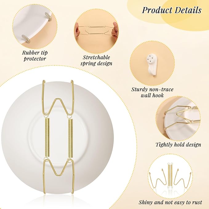 14 Pieces Plate Hangers for Wall - 6/8/10/12 Inch Invisible Plates Hanger, Stainless Steel Plate Holders with 14 Pieces Wall Hooks for 5.5 to 12.5 Inch Decorative Plates and Arts (Gold)