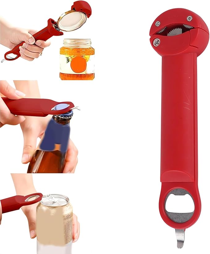 3 in 1 Jar Opener Bottle Opener Beer Soda Can Opener Manual, Adjustable Cap Screwer Jar Openers for Weak Hands Gifts for Seniors or Arthritis, Bottle Opener Magnet for Kitchen Storage (Red)