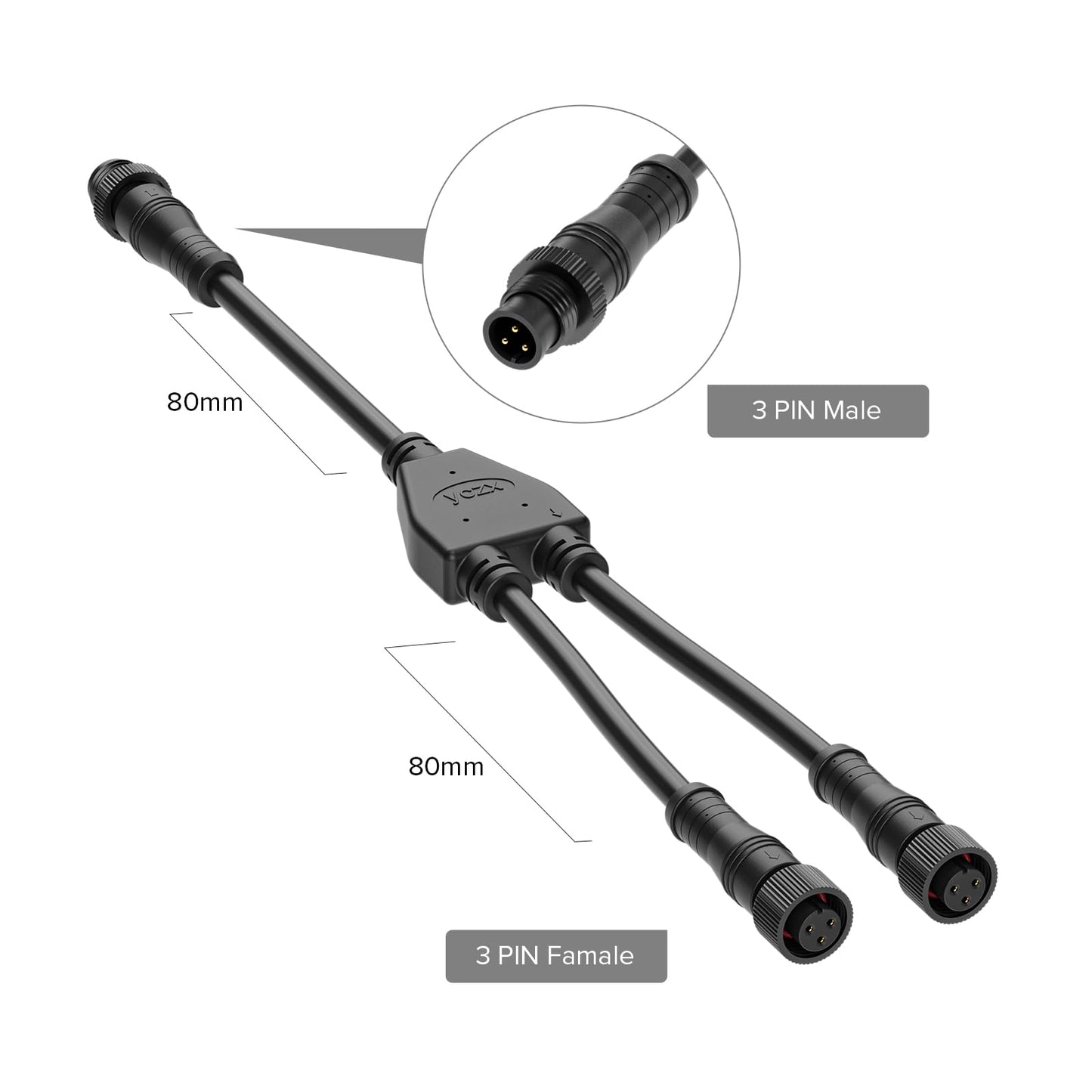 Btf-Lighting 3 Core 3 Pin Small Size Ip68 Y Shape 1 Male-Divided-2 Female Splitter Connctor Black Plastics 18Awg 15Mm Metal Metal Nut Support All Btf-Lighting 3 Pin Small Size Ip68 Connector