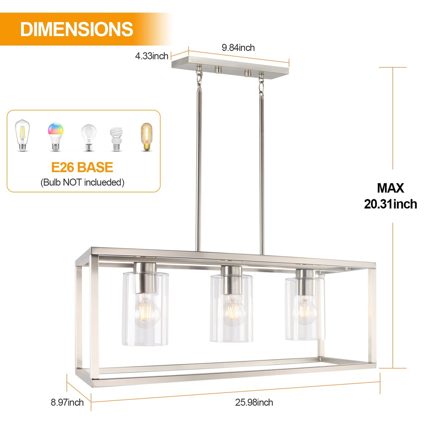 Kalium Chandeliers For Dining Room  3 Light Dining Room Light Fixture Modern Metal Industrial Kitchen Lighting Fixtures Easy Installation Pendant Lights For Bar Restaurant-E26 Socket  Silver