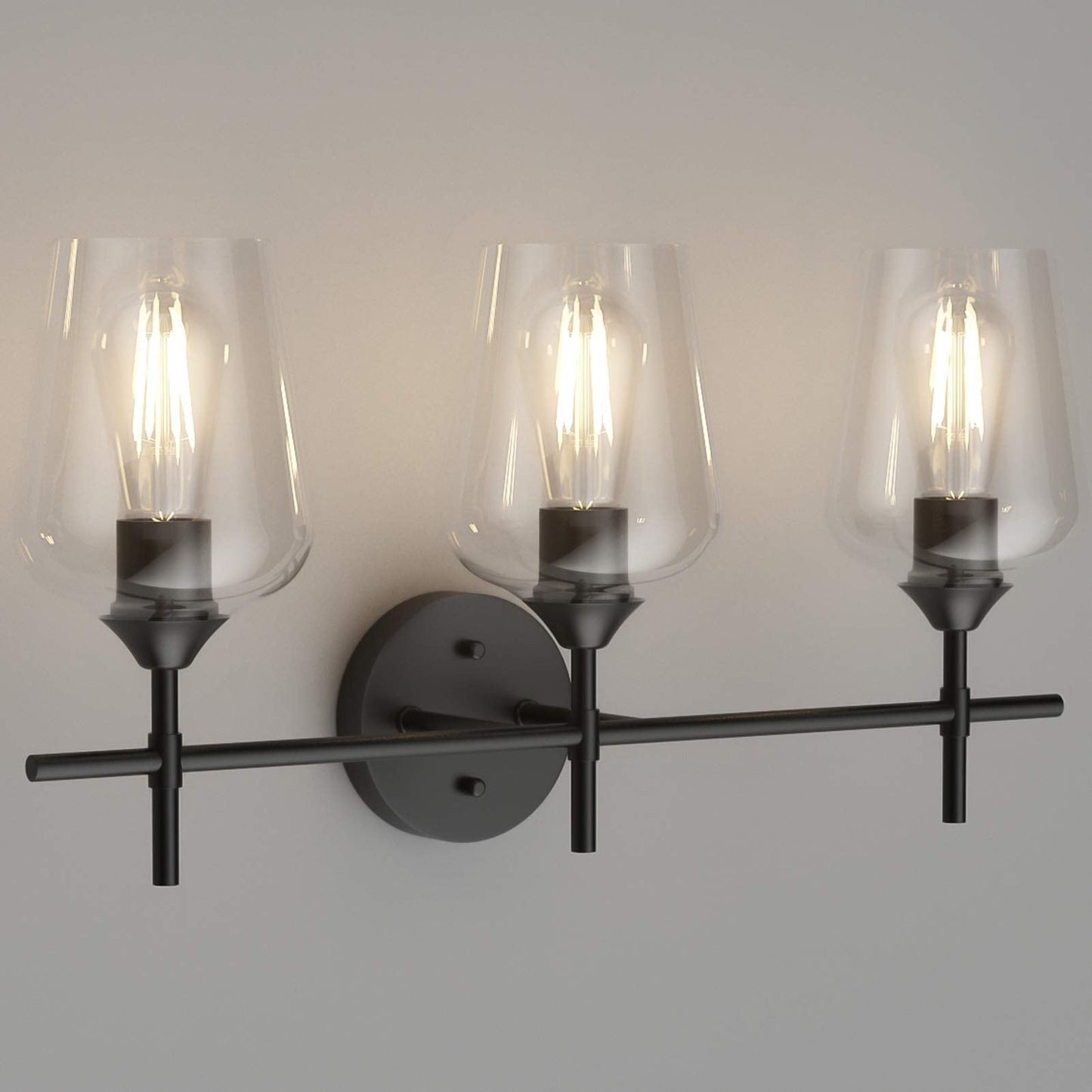 Ralbay Bathroom Vanity Light Fixture, 3-Light, Matte Black, Clear Glass, Vintage Edison Style, Model 2031