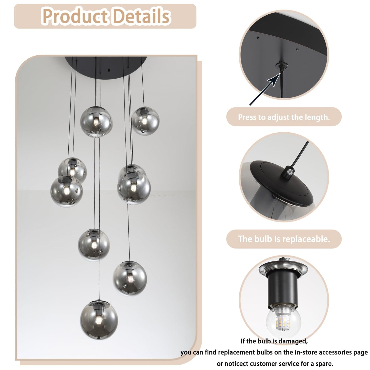 Ykolupty H138 Modern Smoke Gray Glass Globe Chandelier Large Chandeliers For High Ceiling 15-Lights Entryway Modern Lighting Fixture Glass Globe Pendant Light For Living Room Foyer Hallway