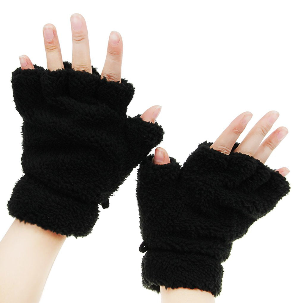 Starsource Lovely Cat Claw Bear Paw Style Winter Plush Half Finger Gloves Mitten For Girls,Black,One Size