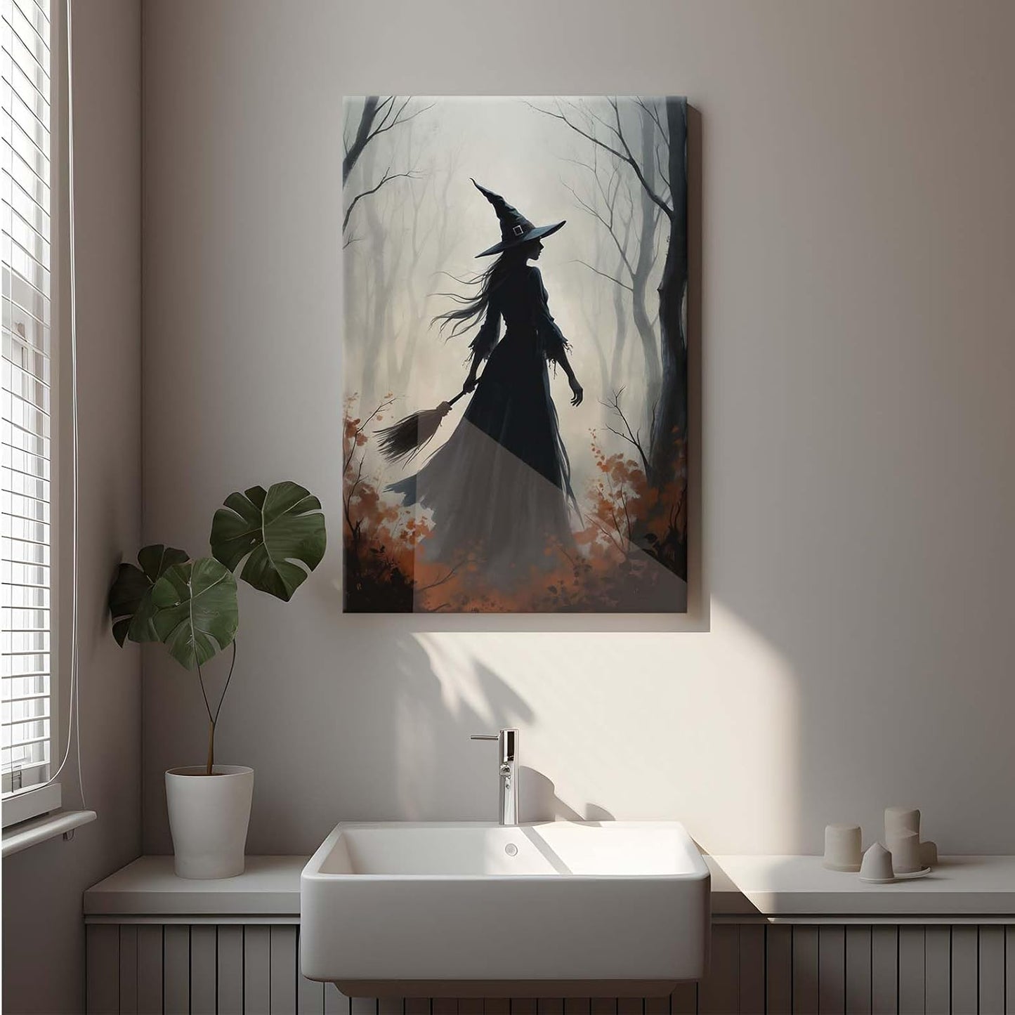 Vintage forest witch silhouette poster Halloween mural poster decoration mural art magic suitable for home living room bedroom20x30in Wood Framed