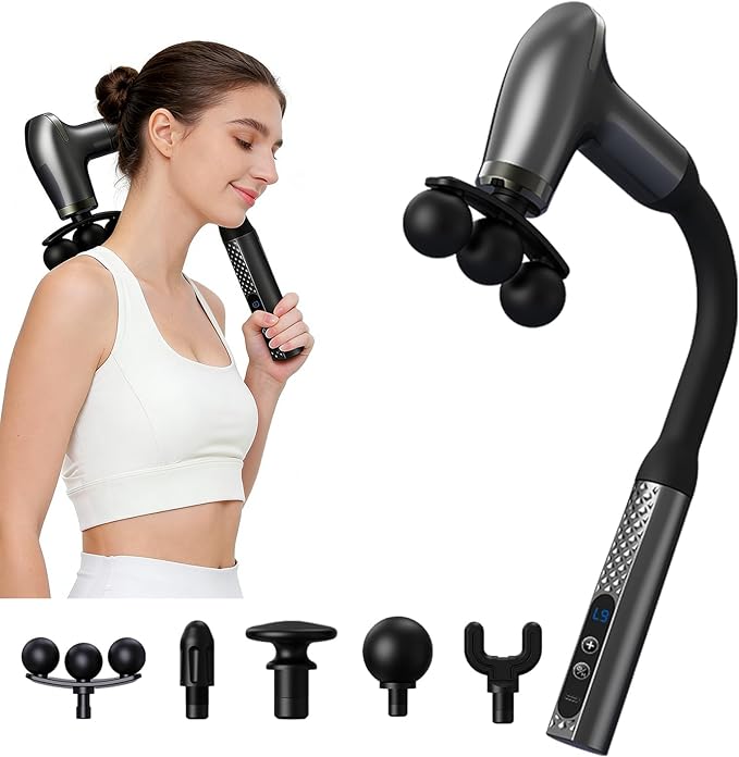 GrekoGadgetra Massage Gun with Extension Handle & 3-Ball Head for Deep Tissue, Back Muscle Massager with Multi Head, Hand ...