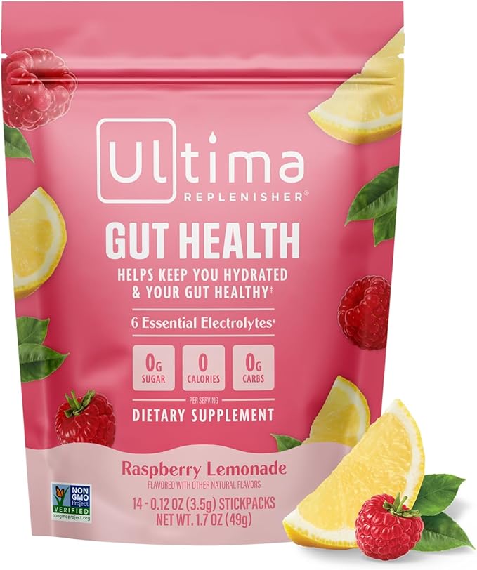Ultima Replenisher Gut Health Supplement and Electrolytes Powder - Raspberry Lemonade, 14 Stickpacks - Hydration Packets w...