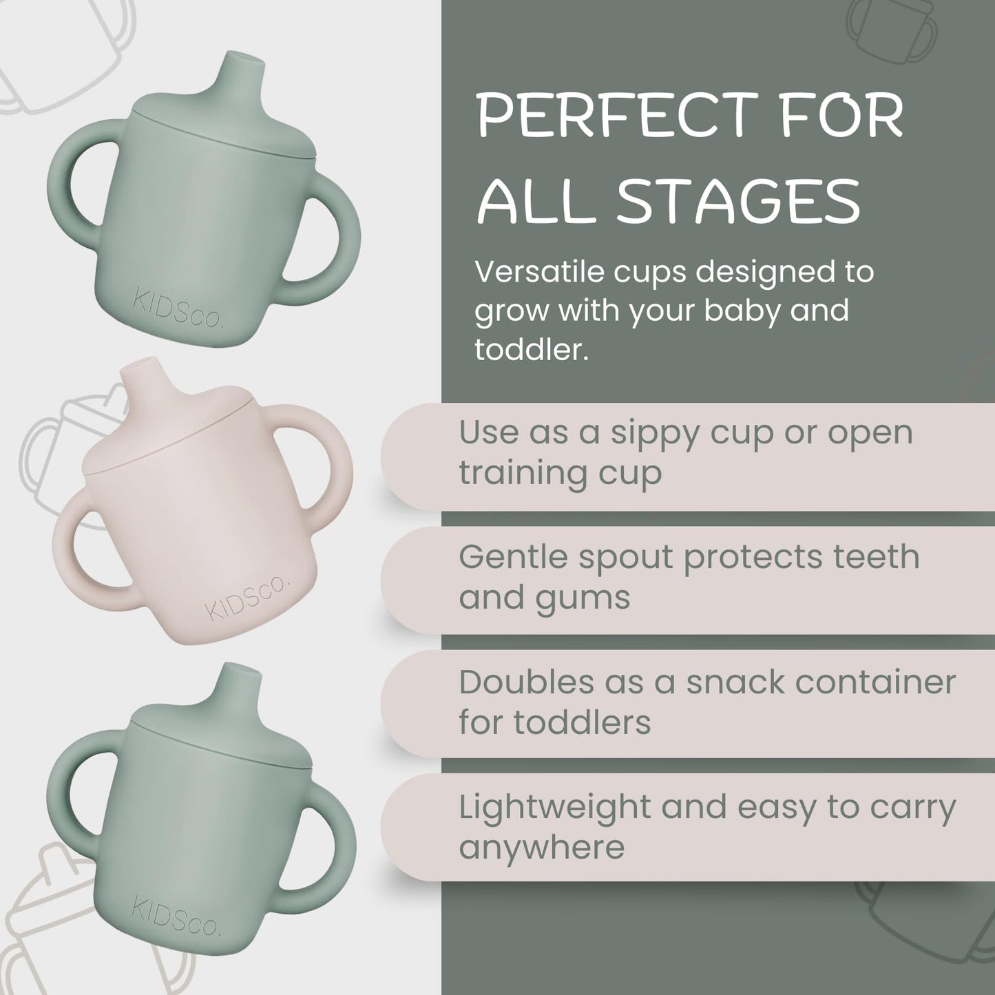Silicone Sippy Cups for Babies & Toddlers 6+ Months – 5oz Spill Proof Training Cup with Soft Spout & Easy Grip Handles – BPA Free, Unbreakable, Non-Toxic Transition Cup (2 pack Green and Sandy Shore)