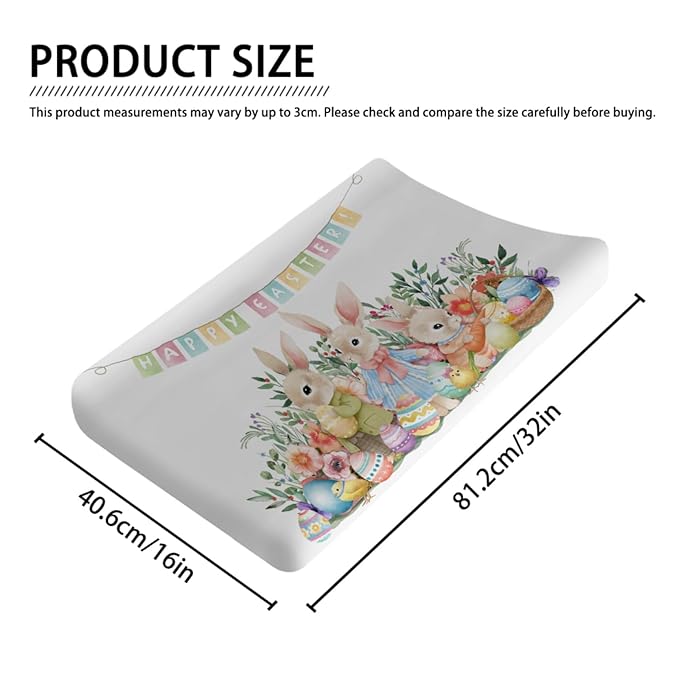 Happy Easter Bunny Eggs Changing Pad Cover Spring Rabbits Chicks Grass Flowers Leaves Garden Diaper Changing Table Cover Sheets for Boy Girl Soft Stretchy Change Table Pad Mats Covers 32''x16''